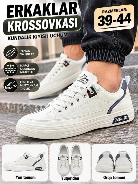 Erkaklar krossovkasi, oq, zamonaviy va kundalik kiyish uchun qulay