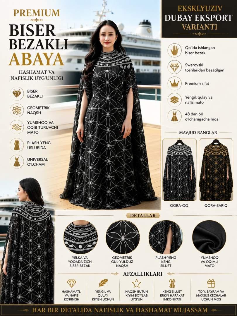 Premium biser bezakli abaya, geometrik gulli naqshli, plash-yenglik uslubda   b72d