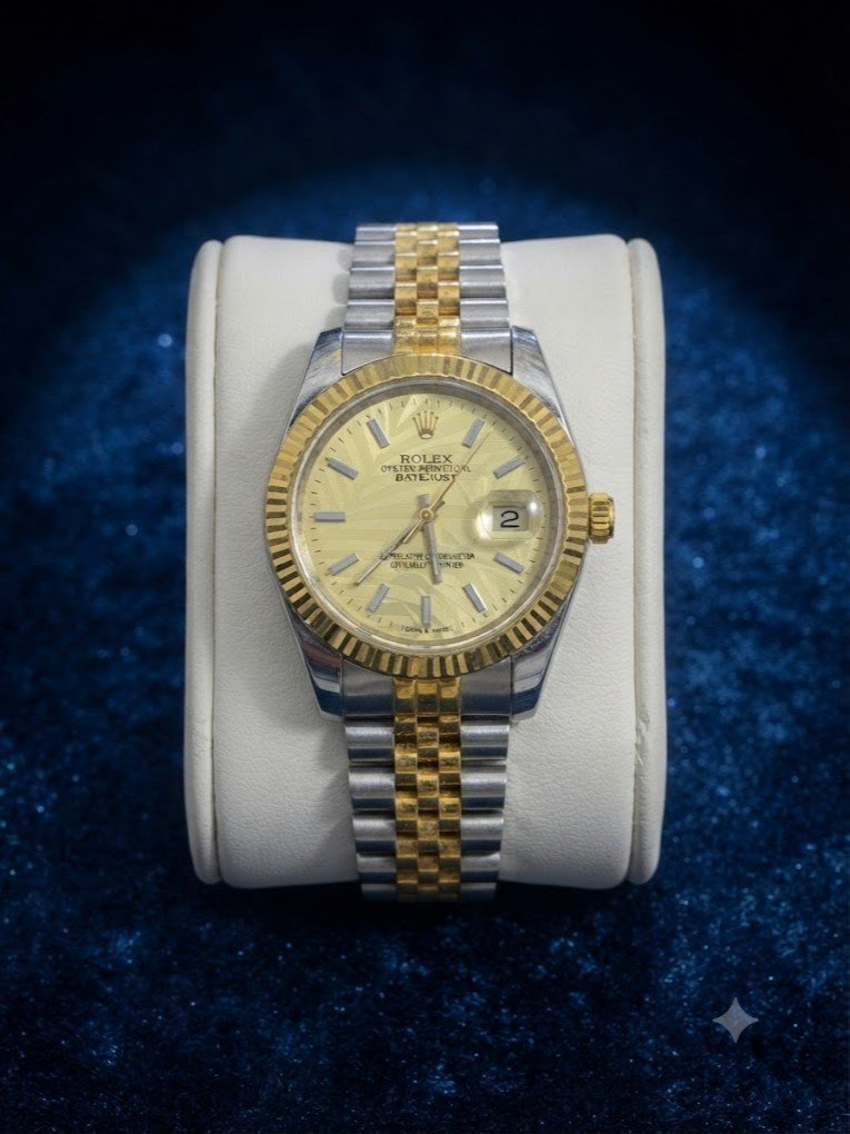 Erkaklar soati — kumush va oltin rangli korpus, oltin rangli naqshli sirt, riflena bezel, "Datejust" uslubidagi klassik dizayn, sana oynachali    16922