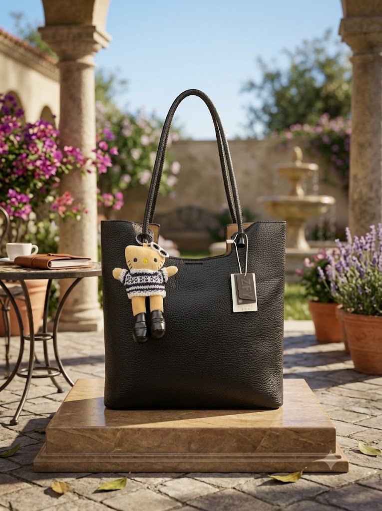Ayollar uchun bejirim va sig‘imli shopper yelka sumkasi – Hello Kitty o‘yinchoq breloki bilan (Donador Charm Fakturasi)  19072  ac.1e.f10d