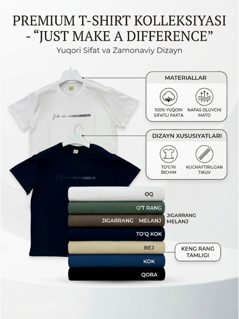 "Just Make A Difference" premium erkaklar futbolkasi, katta o‘lchamli (4XL, 5XL, 6XL), 100% paxta.  17305