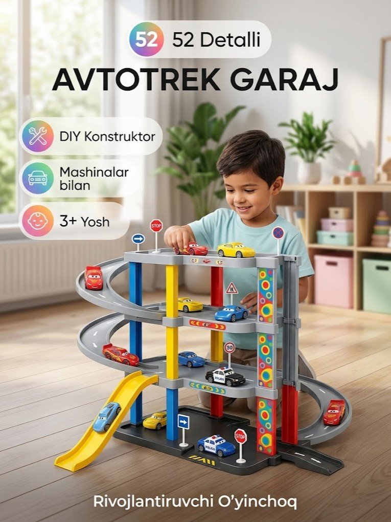 Bolalar uchun ko'p qavatli avtotrek — garaj konstruktor, 52 detal  g103d   17794