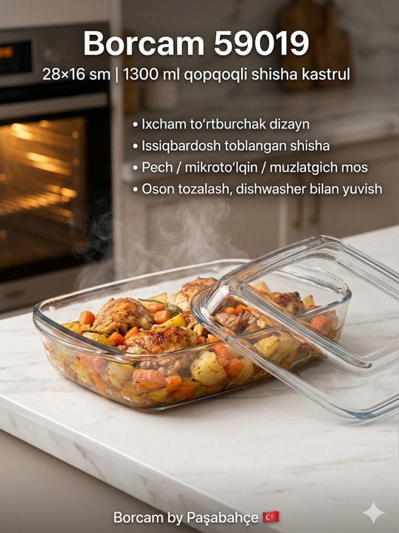 Borcam 59019 — Qopqoqli To'g'riburchak Shisha Qozon (1300 ml) Borcam 59019 — Қопқоқли Тўғрибурчак Шиша Қозон (1300 мл) c1q707d