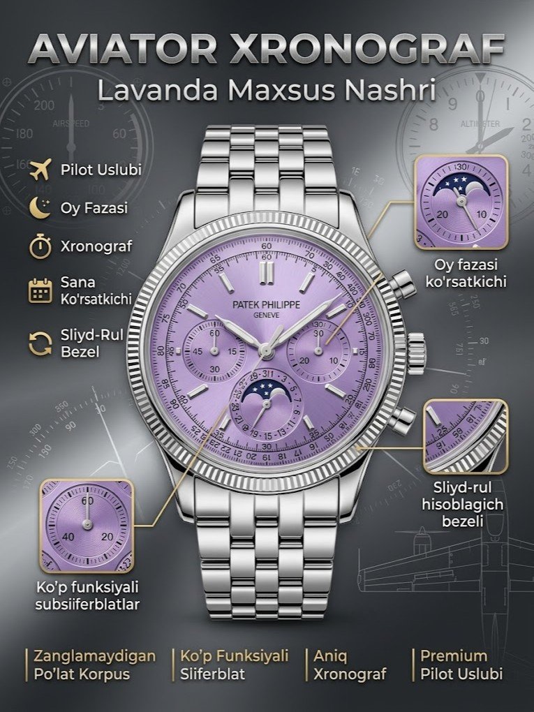 Erkaklar soati — kumush rangli po'lat korpus, siyohrang-binafsha (lavanda) sirt, sliyd-rul (slide rule) hisoblagich bezel, ko'p funksiyali xronograf, oy fazasi ko'rsatkichi, sana oynachali  16957