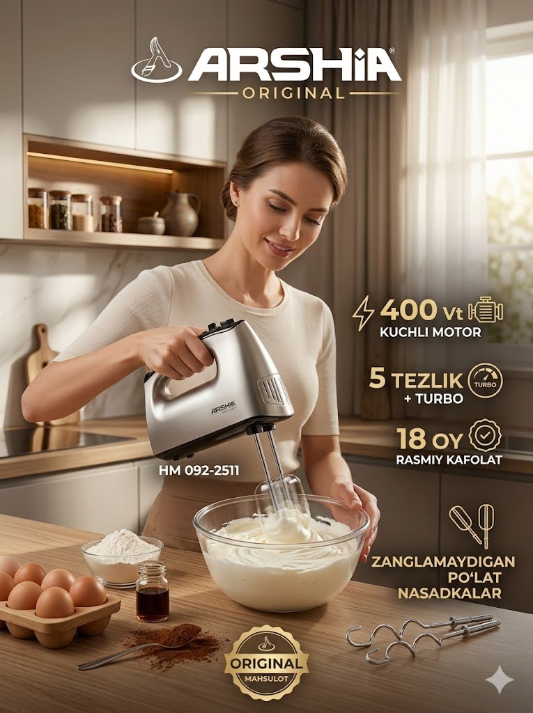 Arshia Original qo‘l mikseri HM 092-2511 | 400 Vt quvvat | 5 tezlik | 18 oy kafolat c1q47d 14336