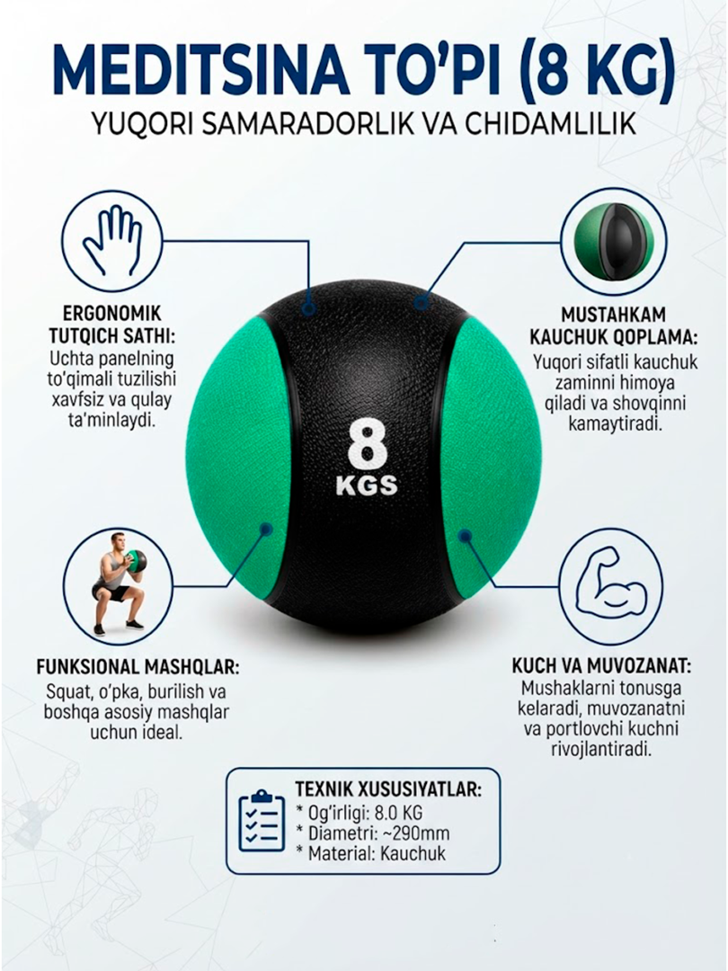 Professional Meditsina To‘pi (Medball) – 8 kg | Kuch va Chidamlilik uchun  17007