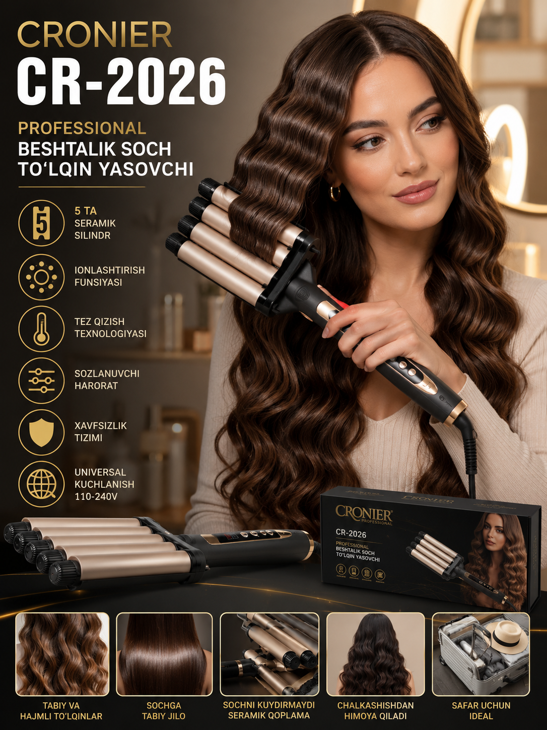 CRONIER CR-2026 — Professional Beshtalik Soch To'lqin Yasovchi al