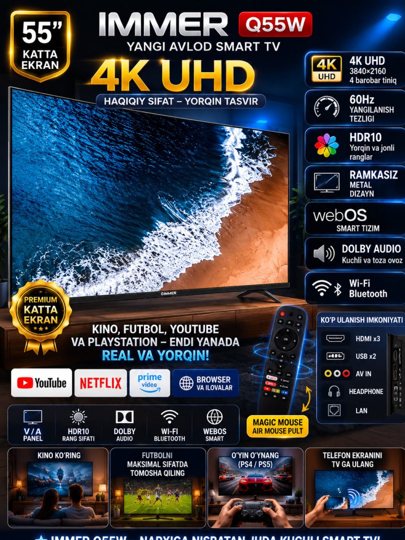 Immer Q55W Smart TV — zamonaviy uy uchun ideal tanlov H79