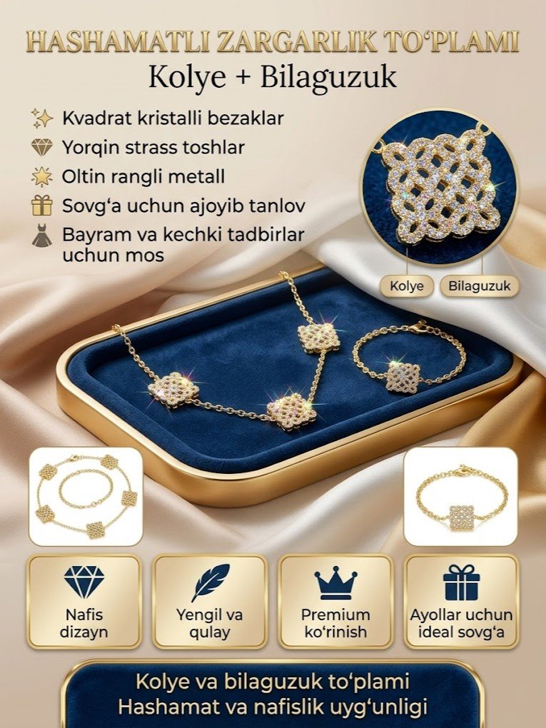 Zargarlik to'plami — oltin rangli, kvadrat shaklidagi kristalli (strass) motivlar bilan bezatilgan kolye va bilaguzuk, bijuteriya, 2 dona   16977