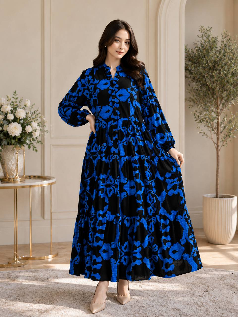 Yirik gul naqshli shtapl uzun ko'ylak b5q126d