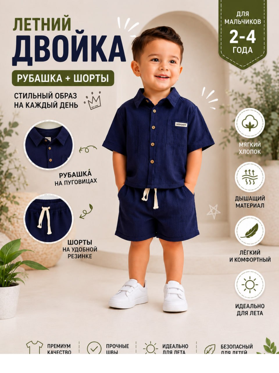 O‘g‘il bolalar uchun yozgi dvoyka to‘plam – ko‘ylak va shortik, 2-4 yosh, yumshoq paxta mato