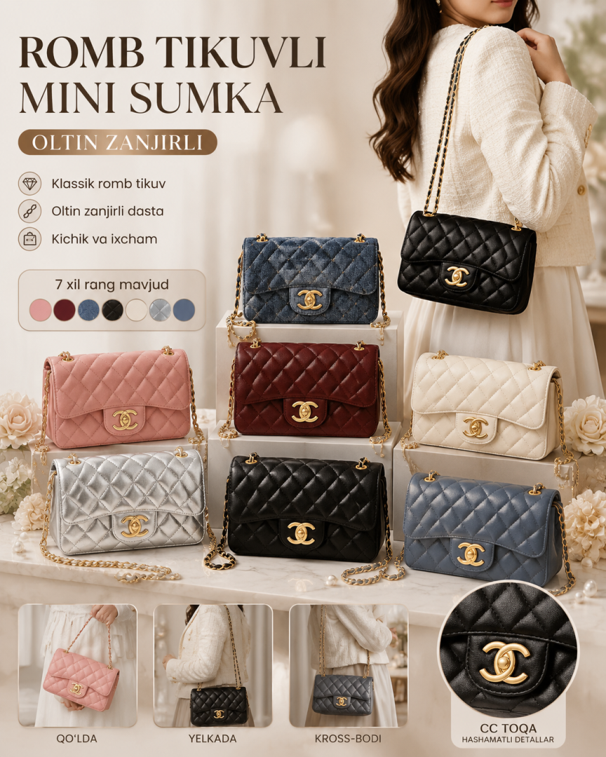 Chanel Uslubidagi Romb Tikuvli Mini Sumka — Oltin Zanjirli  b0q707d  16744
