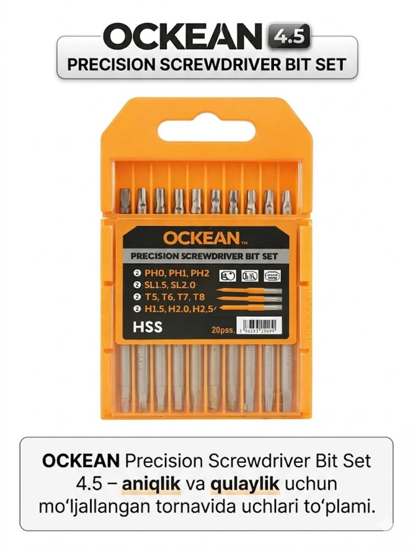 OCKEAN Precision Screwdriver Bit Set 4.5 – aniqlik va qulaylik uchun mo‘ljallangan tornavida uchlari to‘plami.  15702