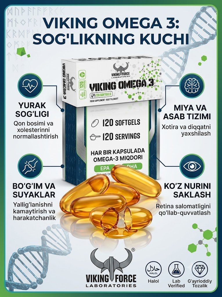 Yurak, miya va umumiy salomatlik uchun Viking Force Laboratories Omega 3 (120 kapsula)!  18319