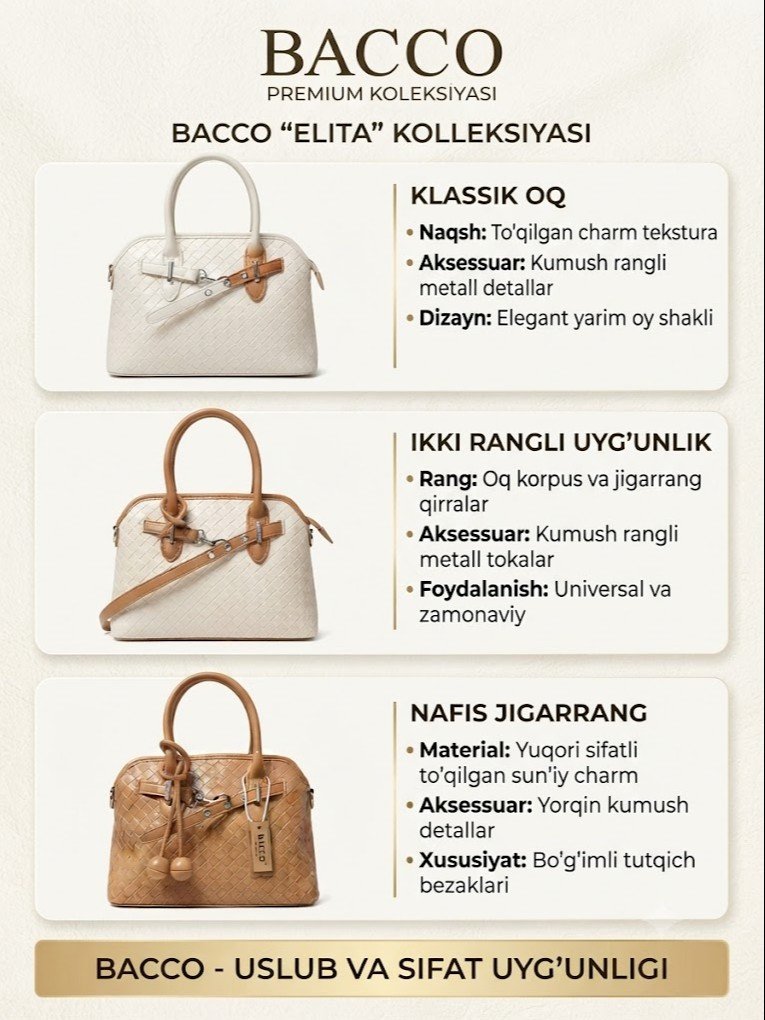 BACCO "Elita" Kolleksiyasi – To‘qilgan Charm Dizaynli Premium Ayollar Sumkasi  17251