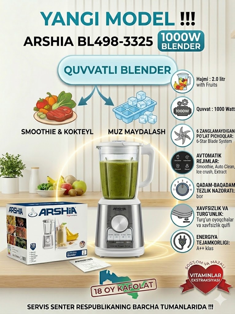 ARSHIA BL498-3325 — 1000W Quvvatli Blender c1q47d
