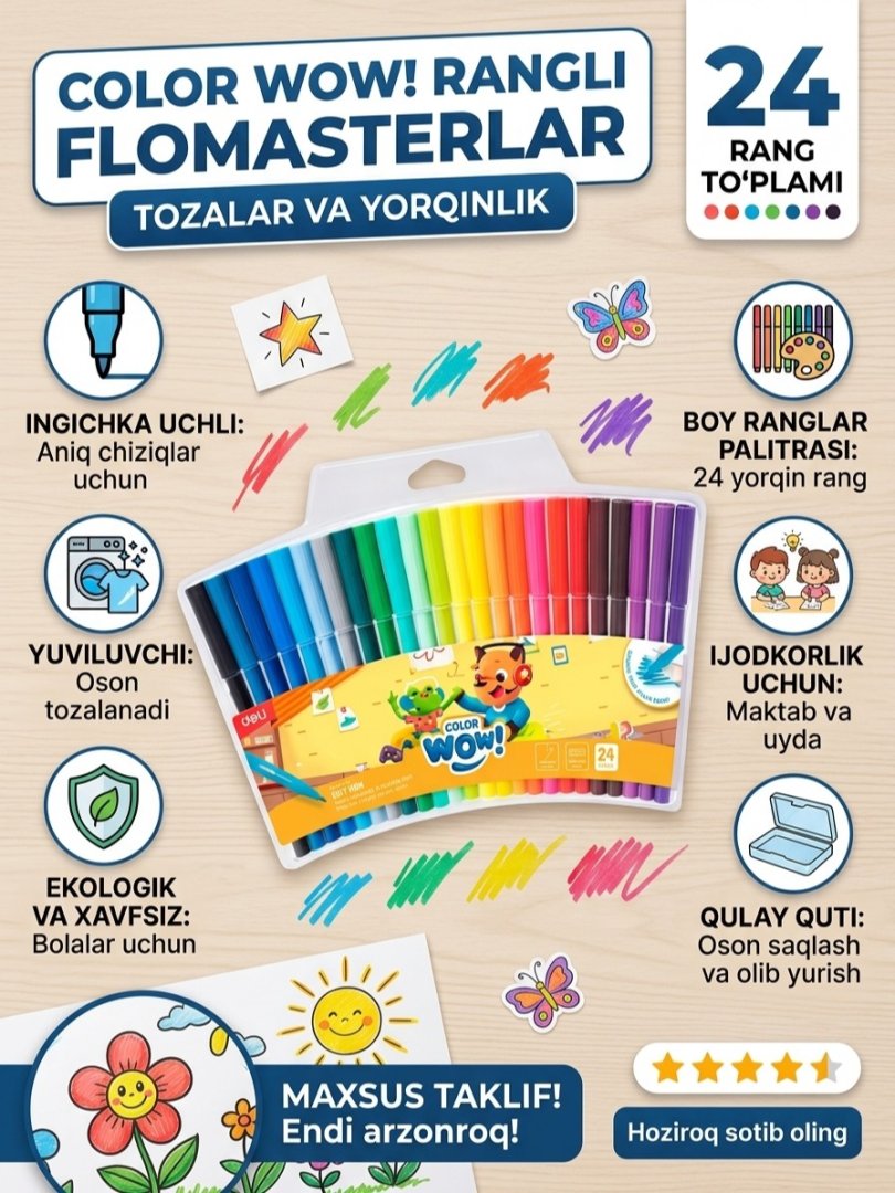Deli COLORWOW! EC165-24 yuviladigan flomasterlar, 24 rang