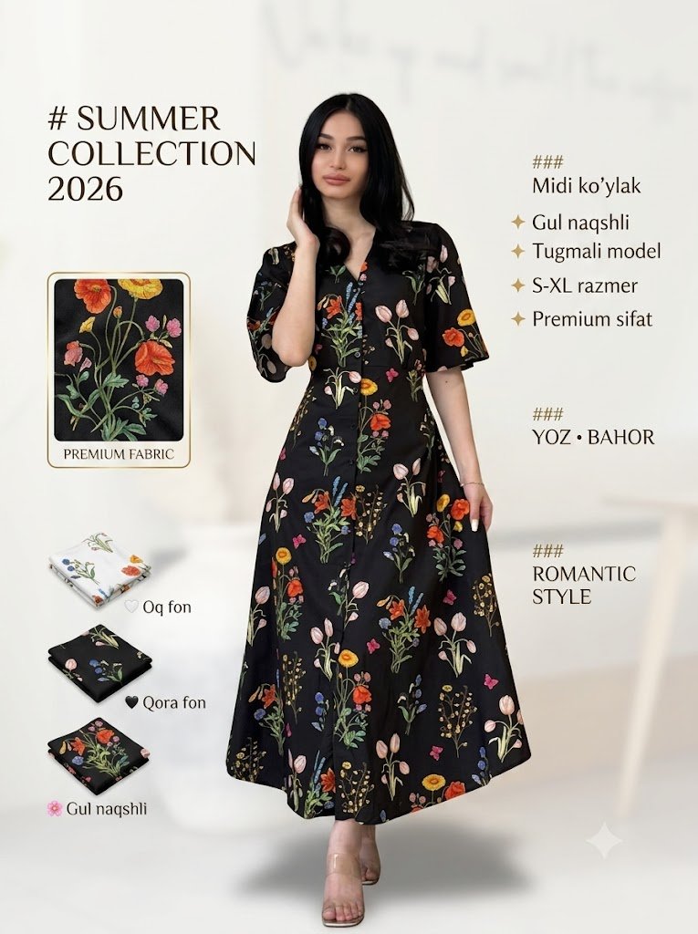 Ayollar uchun yozgi midi ko‘ylak, gul bosilgan nafis va yengil libos  b8q550d  14840