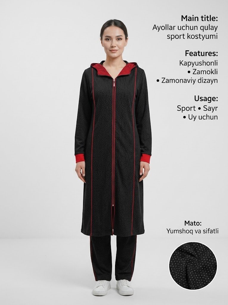 Ayollar uchun qulay sport kostyumi – Kapyushonli, zamokli va rangli detallar bilan   15759