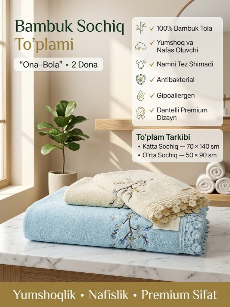 Xitoy Bambuk Sochiq to'plami "Ona-bola" — Gulli chok va dantel bezakli (2 dona)   a5aq13d   17330