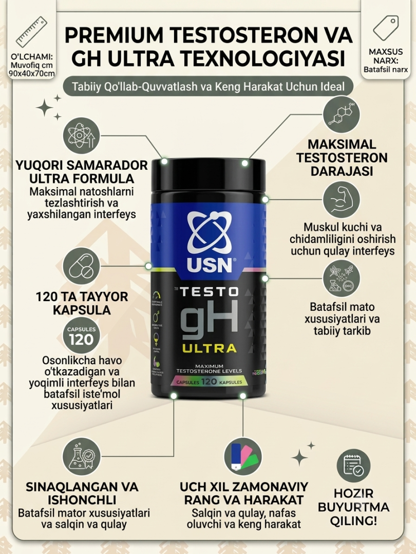 USN 19 Testo Maximum gH — Erkaklar uchun testosteron va o'sish gormonini oshiruvchi kompleks, 120 kapsula  18884
