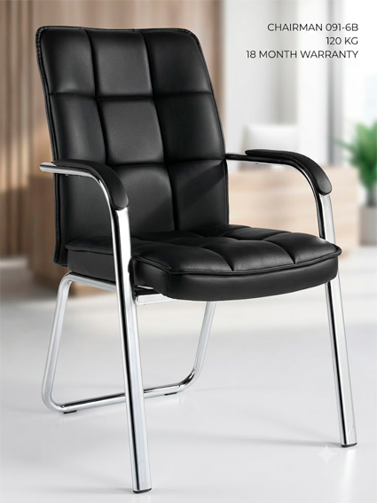 ChairMan 091-6b — Mehmon kreslo, Eko-teri, Kvadrat tikuv, Xrom sled oyoq, Qora  14690
