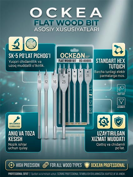 OCKEAN OC-80005 Professional yog‘och uchun peroli parma (bur bita) to‘plami, drel va shurupovert uchun, 6 dona  16133