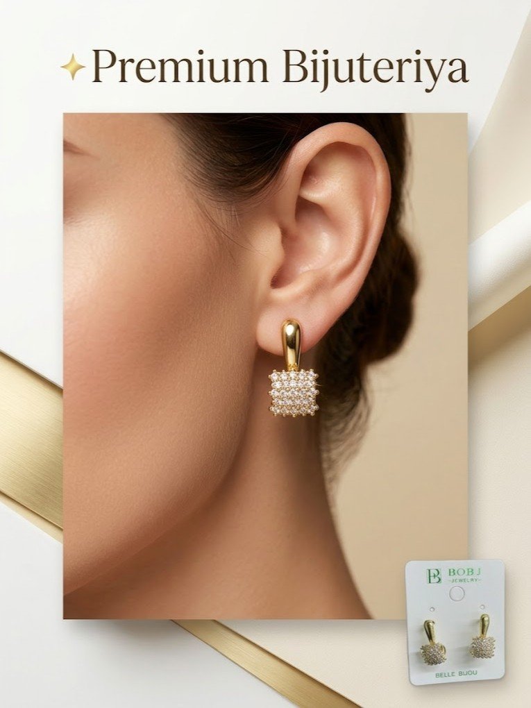 "BOB J Jewelry" / "Belle Bijou" — Ayollar uchun zamonaviy quloq sirg'alari, Zirkon Toshli Doira (Cluster) dizayn     rd   16999