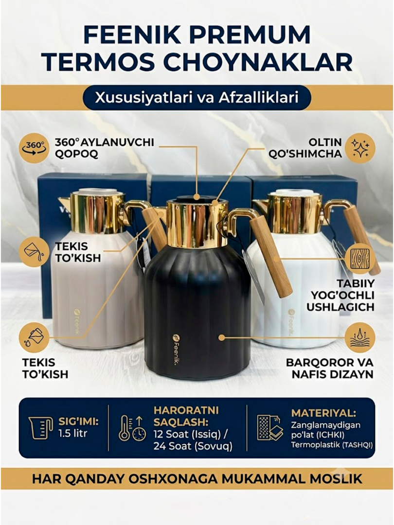 Premium uslubdagi 1.5 litrli Feenik vakuumli ko'za-termos 18139 c.2q.23d