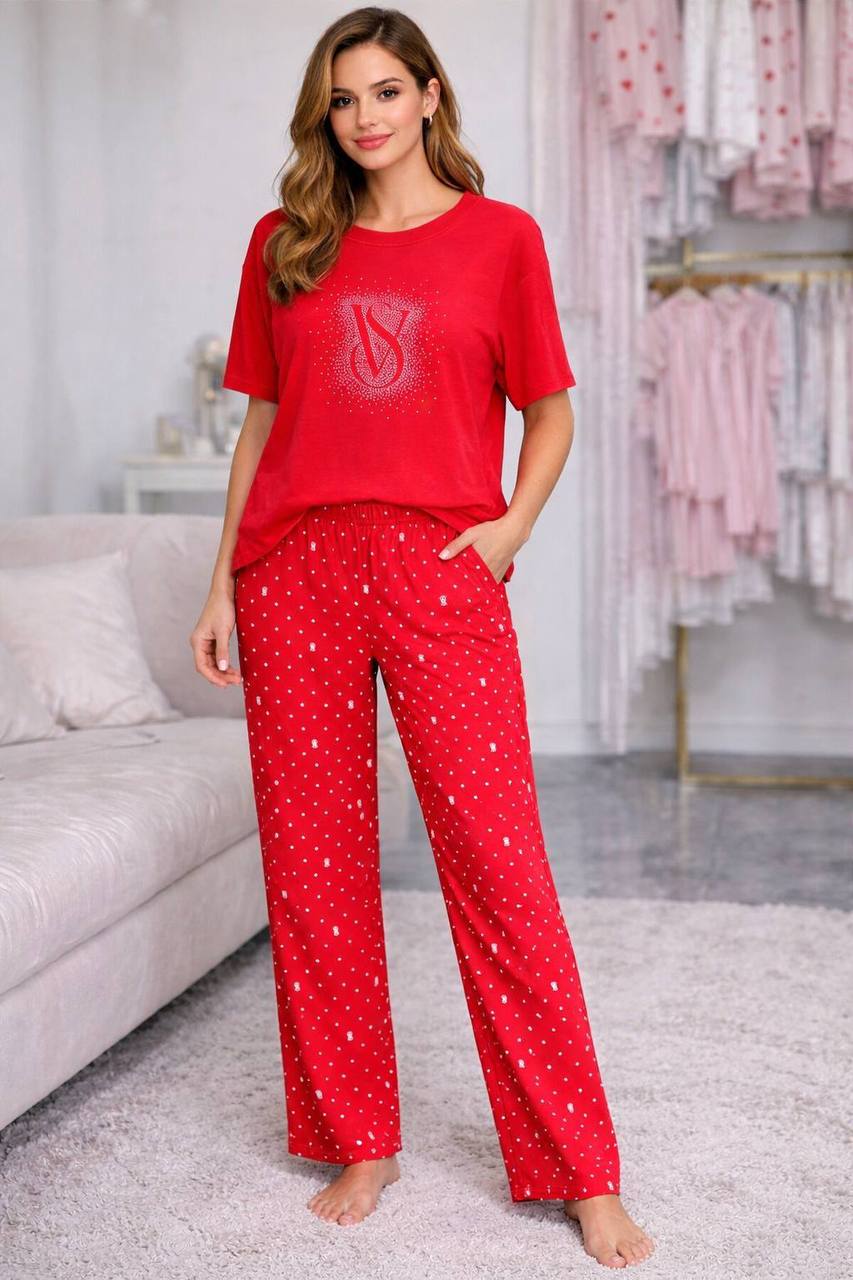 Ayollar uchun pijama komplekti — uy kiyimi, yengil trikotaj, nuqta naqshli, 4 rangda   b205d  16424