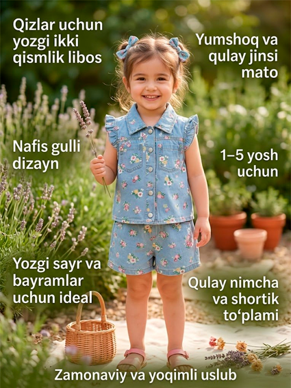 Qizlar uchun yozgi ikki qismlik libos – Jinsi uslubidagi gulli komplekt (1-5 yosh) b1q690d 14363