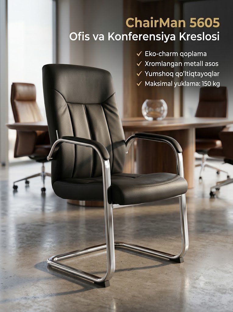 ChairMan 5605 — Ofis uchun tashrif buyuruvchilar kreslosi, Eko-charm, Xromlangan asos, Qora  14651