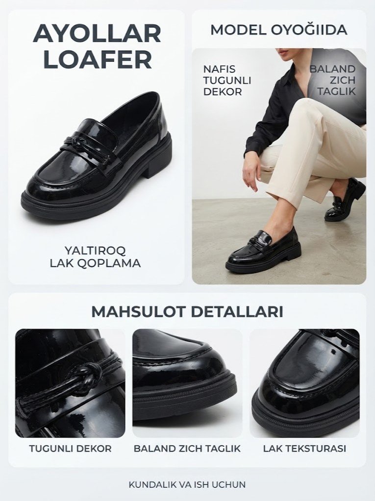 Ayollar laklangan loafer tufli — tugun bezakli, baland taglikli  19730