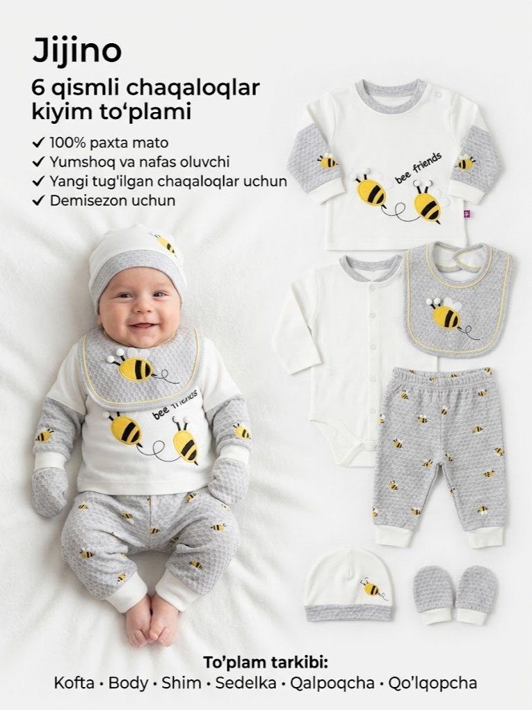 Jijino "Bee Friends" asalari dizaynli 6 qismli yangi tug'ilgan chaqaloqlar to'plami   18063