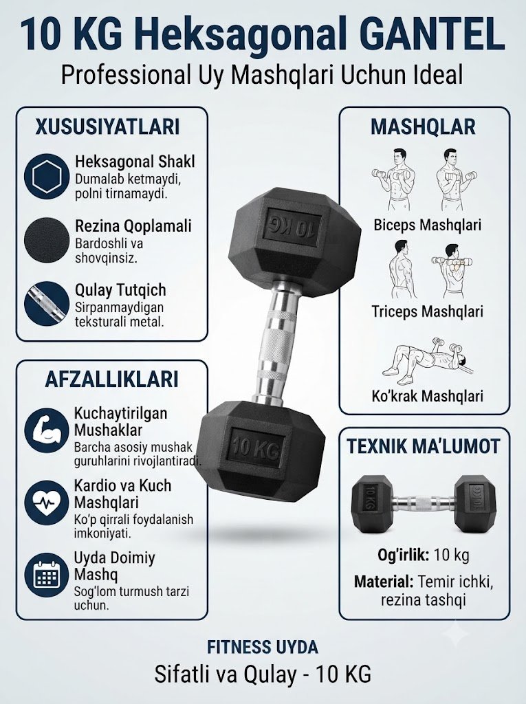 Professional Heksagonal Gantel 10 kg – Uy va Zal uchun Sport Inventari  16967
