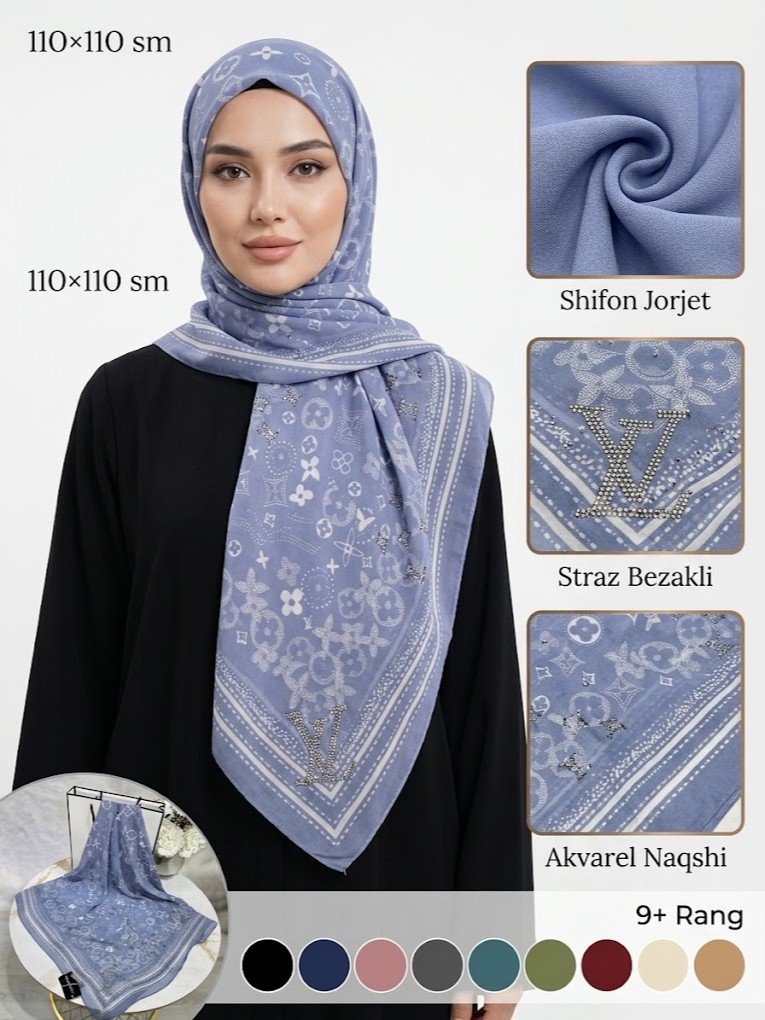 Monogram gulli, toshli ro'mol - Shifon jorjet, 110x110 sm adq9d   17398
