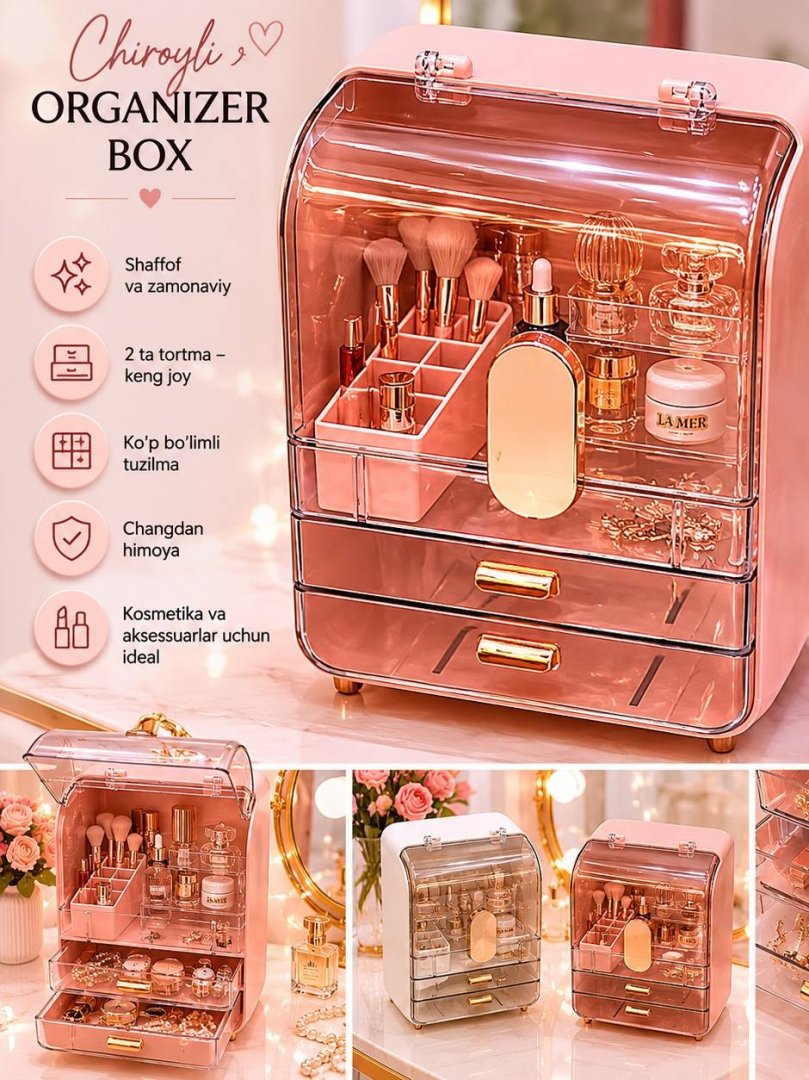 Chiroyli Organizer Box — shaffof qopqoqli va 2 ta tortmali kosmetika va aksessuarlar organayzeri (30x16x40 sm)  19507  o.p.p15p