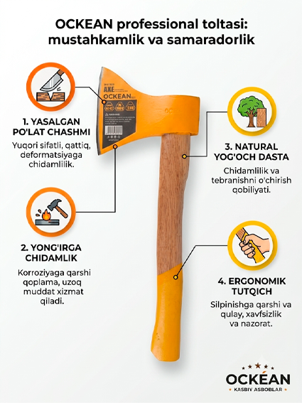 Ockean Premium Hand Axe – Yuqori sifatli qo‘l boltasi  800g  15119