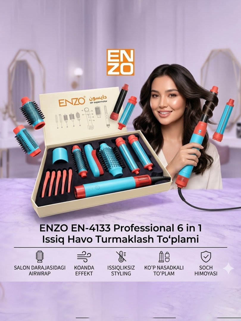 ENZO EN-4133 — Professional 6 in 1 Issiq Havo Turmaklash To'plami al