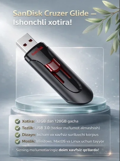 SanDisk USB Flash Drive 16GB/ 32GB/ 64GB/ 128GB/ 256GB – Tezkor va ishonchli xotira