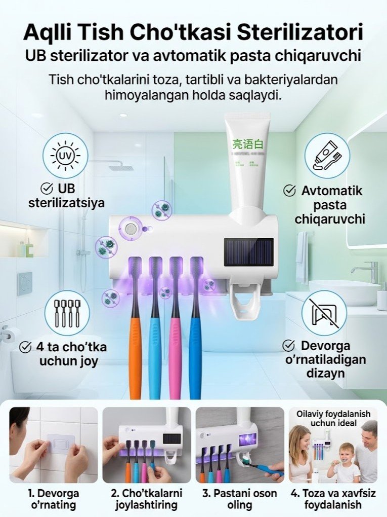 Aqlli tish cho'tkasi sterilizatori — devorga o'rnatiladigan avtomatik pasta chiquvchi, UB-sterilizatorli, 4 ta cho'tka uchun   16881