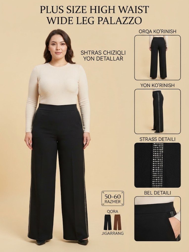 Ayollar keng oyoqli shim — yon tomonida shtras chiziqli, yuqori bel, katta o'lcham  b9q185d
