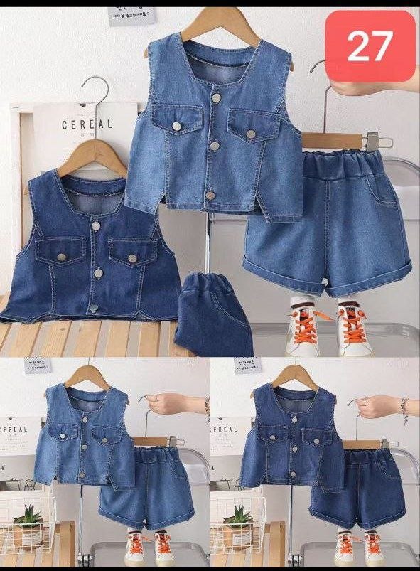 QIZ BOLALAR UCHUN YOZGI JEANS IKKITALIK KIYIM TO‘PLAM (yengsiz top va shortik) b11q489/2d