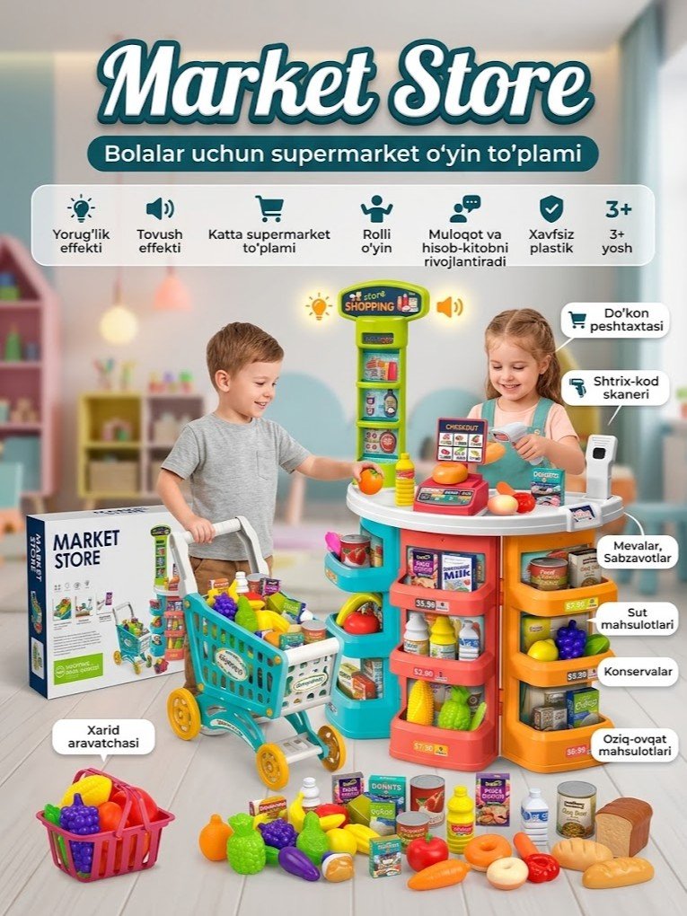 "Market Store" — bolalar uchun do'kon o'yinchoq to'plami, savatcha va oziq-ovqat mahsulotlari bilan   g103d 17505
