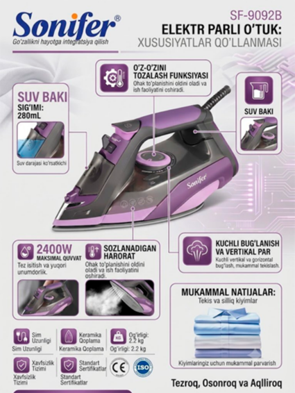 Sonifer SF-9092B Elektr Parli Dazmol – 2400W maksimal quvvat, 280ml suv baki, oʻz-oʻzini tozalash funksiyasi, keramika qoplamali taglik  17157