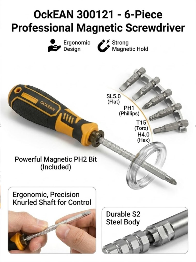 OckEAN Magnitli otvyortka 4-ta bit jamlanmasi bilan, fiskator, ergonomik tutqichli universal montaj asbobi  15004