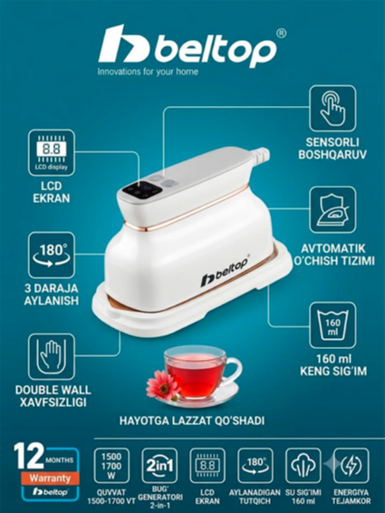 Beltop BT-GS-4003 qoʻl kiyim dazmollagichi va dazmol (2-in-1), 1500-1700 Vt   17122