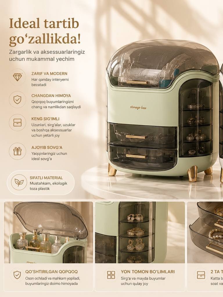 Premium kosmetika va zargarlik organayzeri — Storage Box, yon tarafida sirg'alar bo'limi va 2 ta tortma bilan (30x16x40 sm)   19491  o.p.p15p