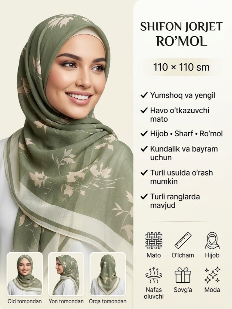 Ayollar ro'moli - Shifon jorjet ro'mol, 110x110 sm adq9d