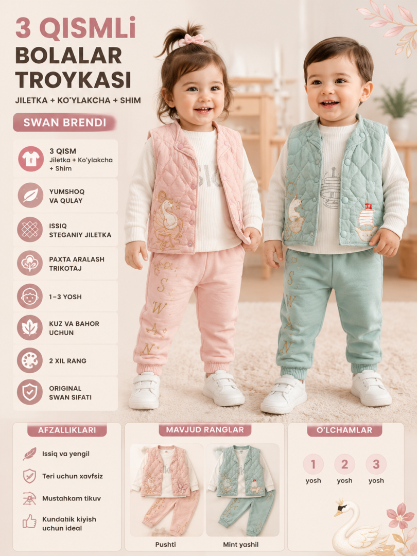 SWAN brendidagi, steganiy (quilted) jiletka, ko'ylakcha va shim dan iborat 3 qismli bolalar kiyimi    18761